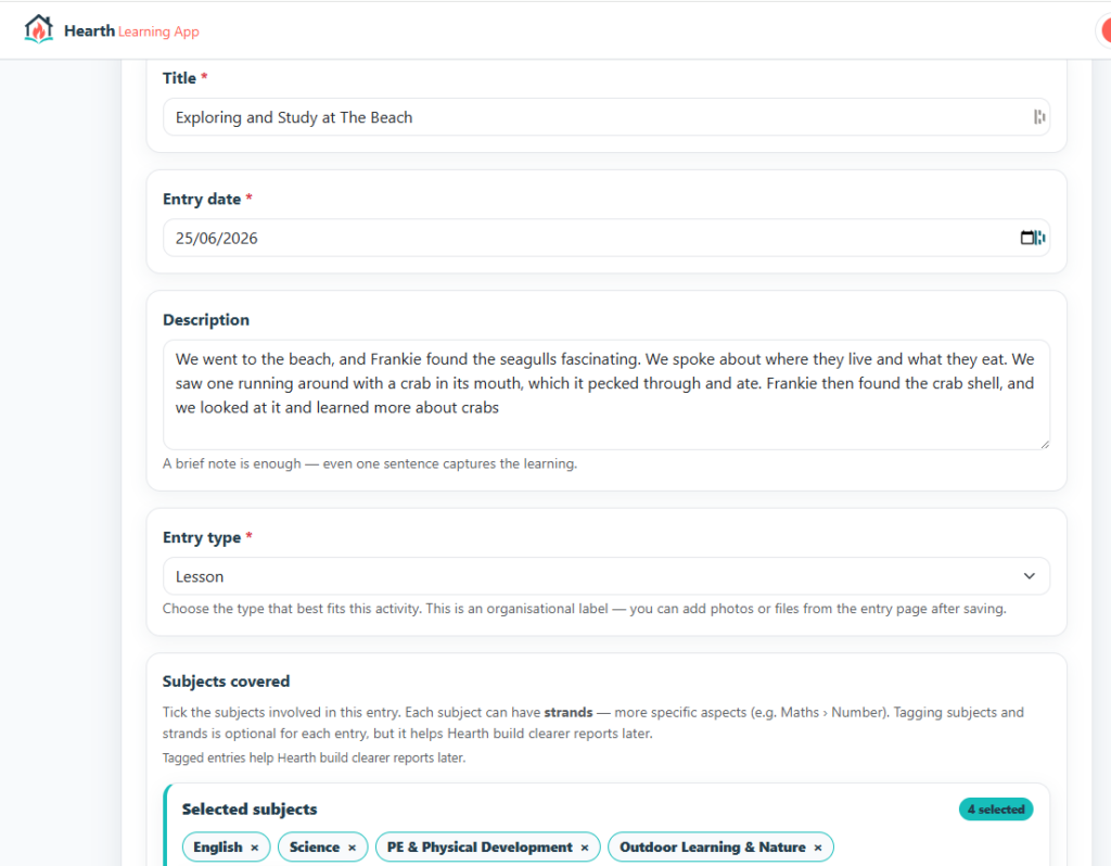 The image shows a screenshot of an application running, which shows details of a new learning entry in the app known as Hearth.